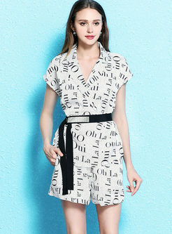 Fashion Notched Letter Print Two Piece Outfits