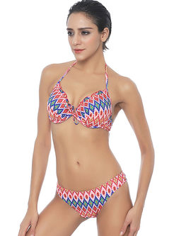 Sexy Halter Gathered Geometric Print Bikini