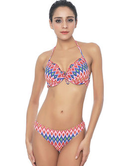 Sexy Halter Gathered Geometric Print Bikini