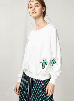 Fashionable Embroidered O-neck Loose Sweatshirt