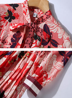 Mock Neck Ribbon Print Pleated Midi Dress