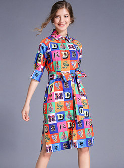 Multi-color Lapel Single-breasted Tied T-shirt Dress