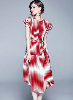 Retro O-neck Striped Tie-Waist Asymmetric Dress