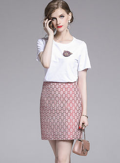 Brief Pullover O-neck T-shirt & Slim Print Skirt