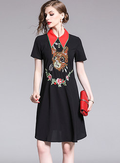 Trendy Cartoon Embroidered Turn-down Collar A Line Dress