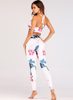 Chic Flowers Print Backless Casual Yoga Suit