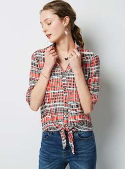 Stylish Striped Color-blocked Tied Single-breasted Blouse