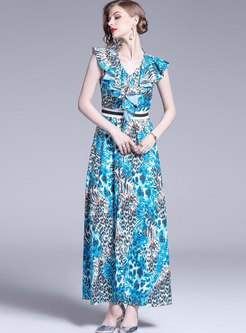 Chic Blue Leopard V-neck Sleeveless Party Maxi Dress
