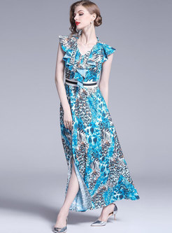 Chic Blue Leopard V-neck Sleeveless Party Maxi Dress