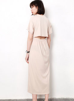 Brief Solid Color Cross Pleated Hollow Out Dress