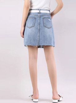 Chic Denim Shredded Rough Selvedge Slim Skirt