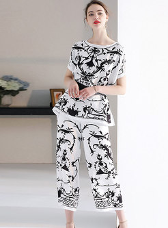 Print O-neck Belted Pullover Top & Wide Leg Pants