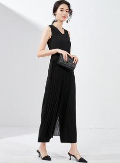 Brief Pure Color V-neck Belt Pleated Jumpsuit