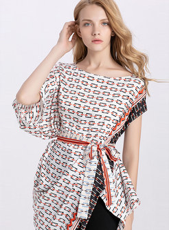Chic Print O-neck Belted Asymmetric Top
