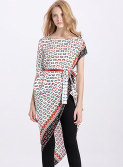 Chic Print O-neck Belted Asymmetric Top