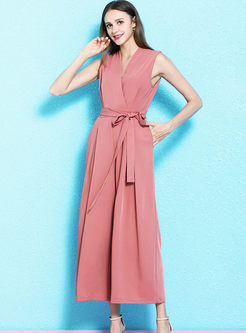 Solid Color V-neck Sleeveless Waist Jumpsuits