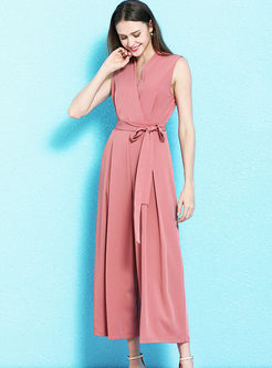 Solid Color V-neck Sleeveless Waist Jumpsuits