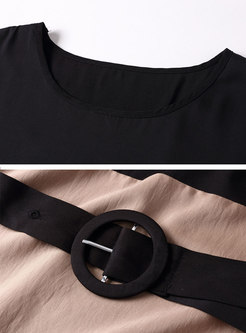 Color-blocked O-neck Belted Asymmetric Dress