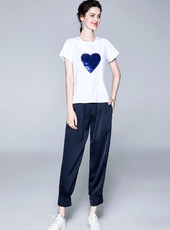 Casual Heart Pattern O-neck T-shirt & Harem Pants