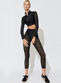 Sexy Leopard Lace Perspective Stand Collar Tracksuit