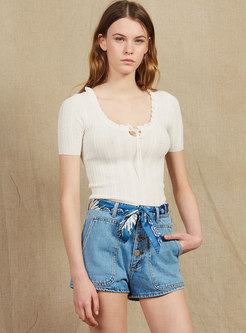 All-matched High Waist Tied Denim Casual Shorts