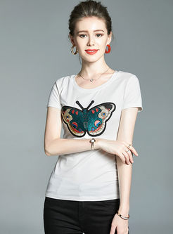 Brief Pullover Butterfly Embroidered T-shirt
