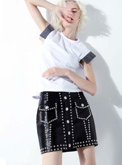 Stylish PU High Waist Beaded Bodycon Mini Skirt
