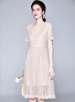 Brief Lace V-neck High Waist Midi Dress