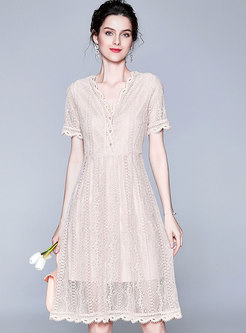 Brief Lace V-neck High Waist Midi Dress