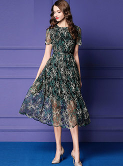 Elegant Embroidered O-neck High Waist A Line Dress