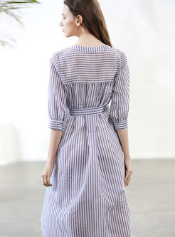 Casual Three Quarters Sleeve Stripe Dress With Cami