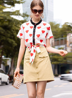 Color-blocked Heart Print Blouse & Slim Skirt