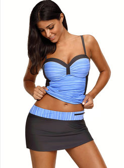 Color-blocked Gathered Conservative Tankini