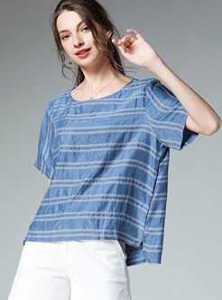 Stylish O-neck Plus-size Striped Short Sleeve T-shirt