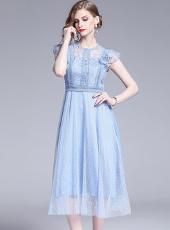 Fashion Lace Splicing Mesh Embroidered High Waist Skater Dress