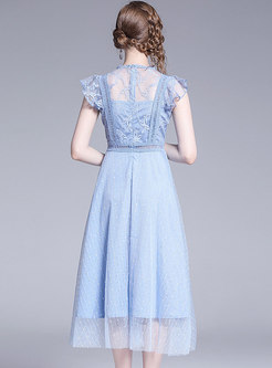 Fashion Lace Splicing Mesh Embroidered High Waist Skater Dress