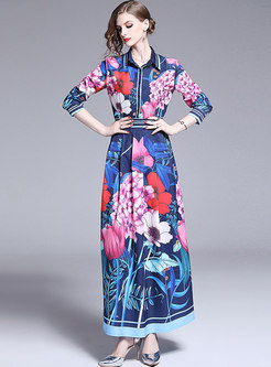 Chic Lapel Multi-color Print Long Sleeve Maxi Dress