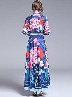 Chic Lapel Multi-color Print Long Sleeve Maxi Dress