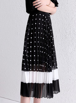 Dots Pattern Color-blocked Splicing Pleated Chiffon Skirt