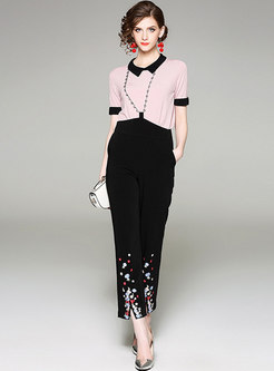 Work Lapel Splicing Knitted Top & Embroidered Straight Pants