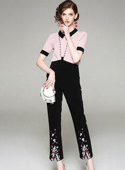 Work Lapel Splicing Knitted Top & Embroidered Straight Pants