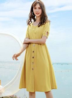 Yellow O-neck Short Sleeve Waist A Line Dress