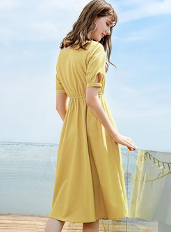 Yellow O-neck Short Sleeve Waist A Line Dress
