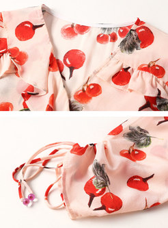 Stylish Silk Print V-neck Gathered Waist Skater Dress