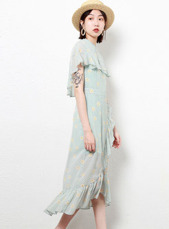 Mandarin Collar Shawl Sleeve Print Mermaid Dress