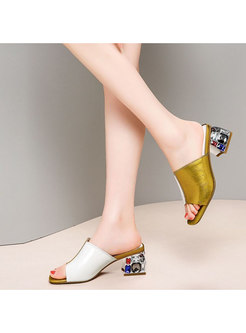 Women Color-blocked Genuine Leather Chunky Heel Slippers