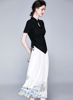 Vintage Stand Collar Asymmetric Top & Print Pleated Skirt