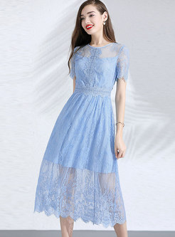 Solid Color Perspective O-neck Lace A Line Dress