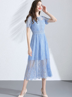 Solid Color Perspective O-neck Lace A Line Dress