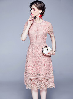 Summer O-neck Hollow Out Lace Pure Color Skater Dress